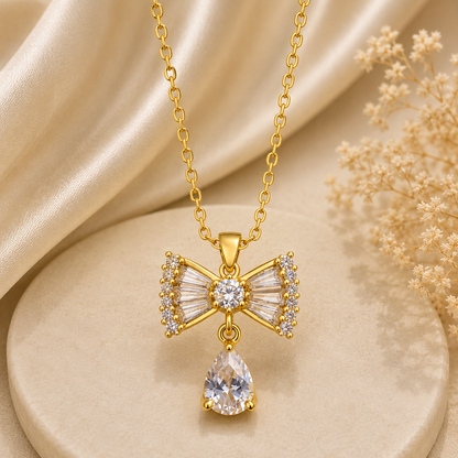 Gold Bow Pendant Necklace with Teardrop Stone for Women