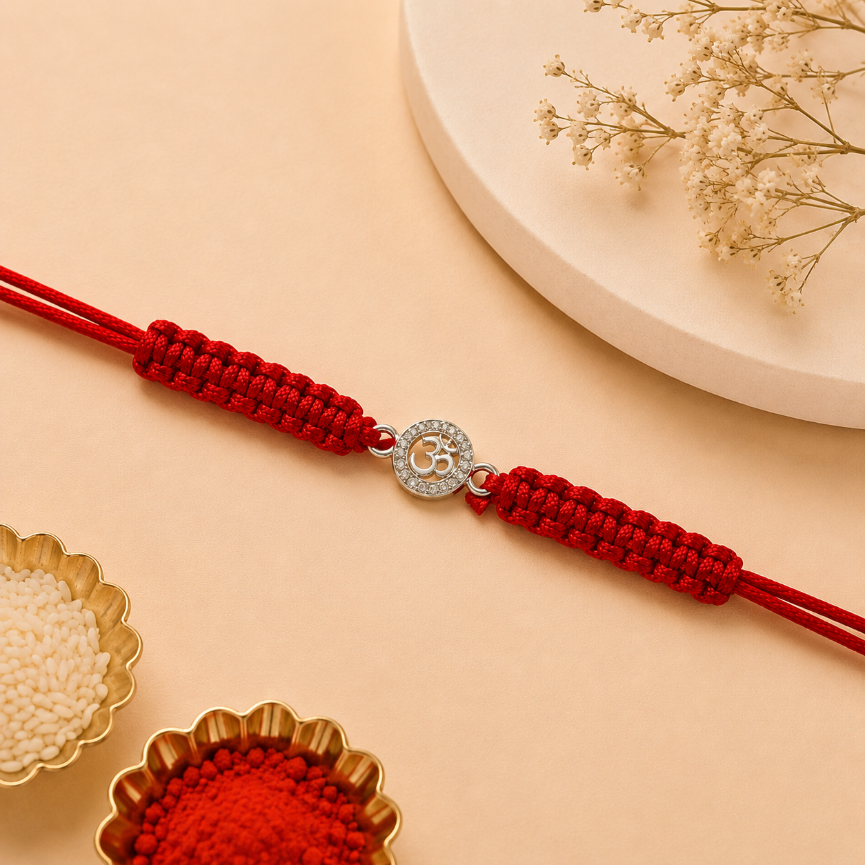 Premium Silver Om Rakhi with CZ Stone & Adjustable Red Thread