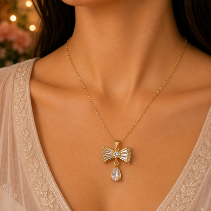 Gold Bow Pendant Necklace with Teardrop Stone for Women