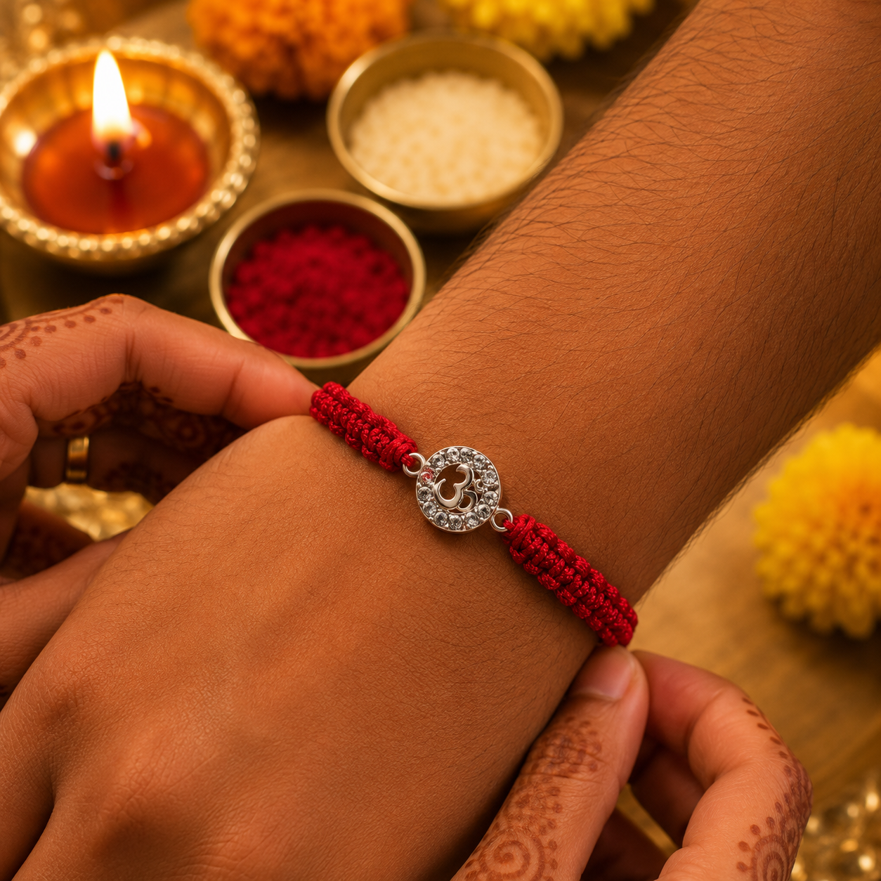 Premium Silver Om Rakhi with CZ Stone & Adjustable Red Thread