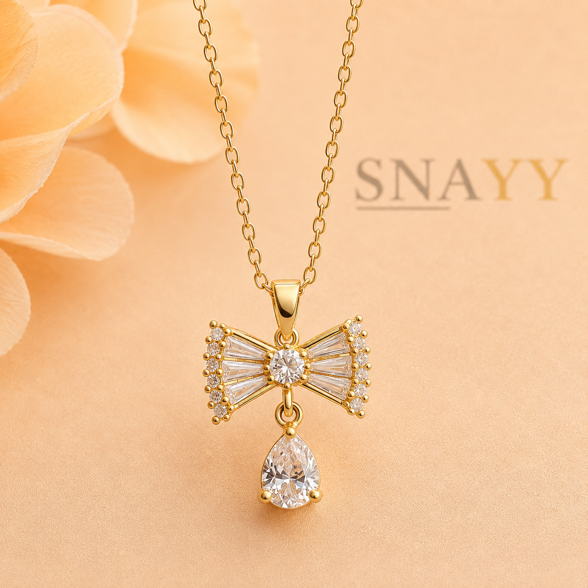 Gold Bow Pendant Necklace with Teardrop Stone for Women