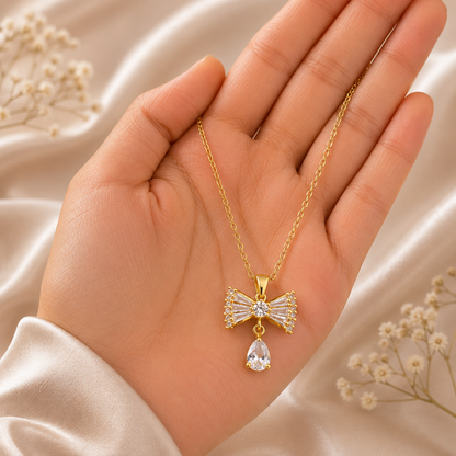 Gold Bow Pendant Necklace with Teardrop Stone for Women