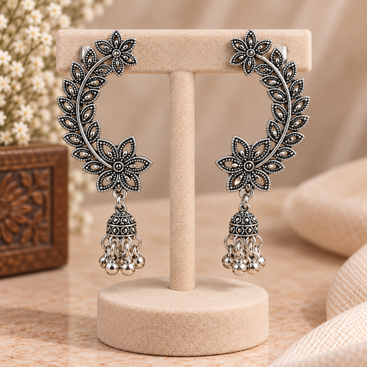 Oxidised Silver Floral Jhumka Earrings for Women | Leaf Design Traditional Earrings