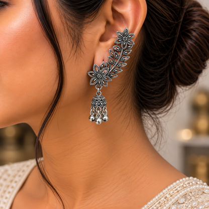 Oxidised Silver Floral Jhumka Earrings for Women | Leaf Design Traditional Earrings
