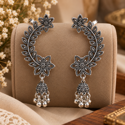 Oxidised Silver Floral Jhumka Earrings for Women | Leaf Design Traditional Earrings