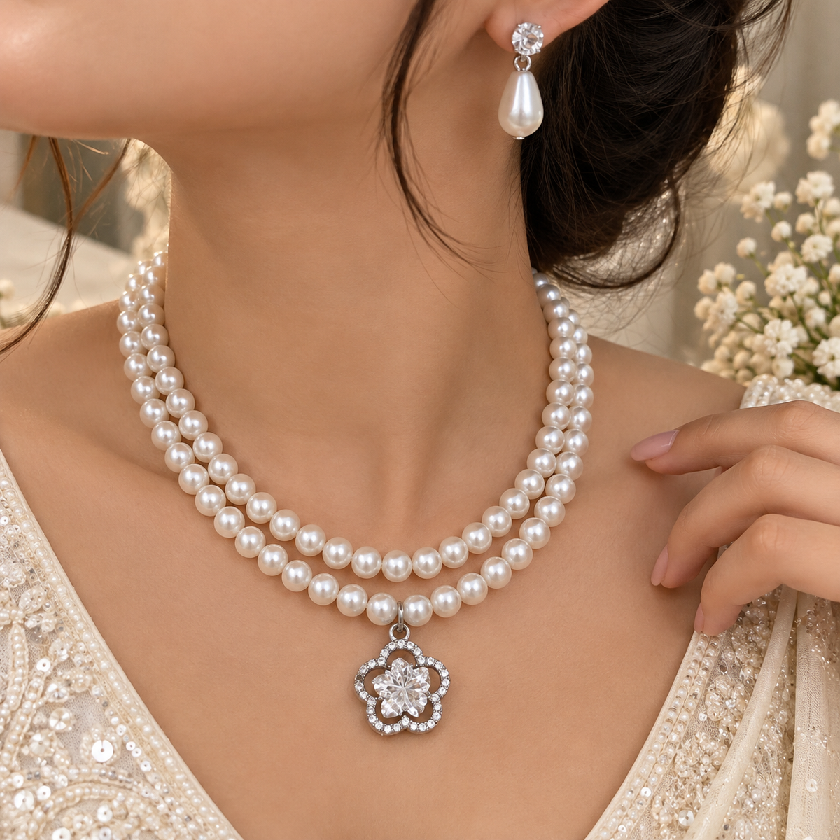 Pearl Double Layer Necklace Set with CZ Flower Pendant & Drop Earrings