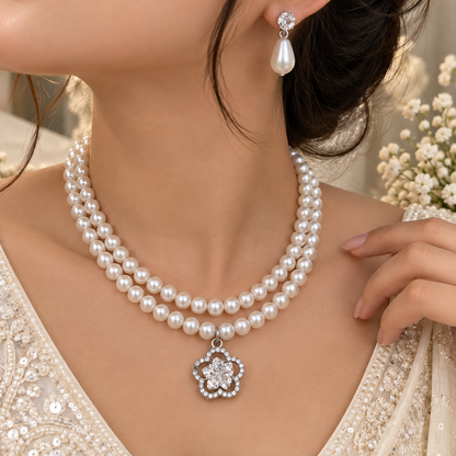 Pearl Double Layer Necklace Set with CZ Flower Pendant & Drop Earrings
