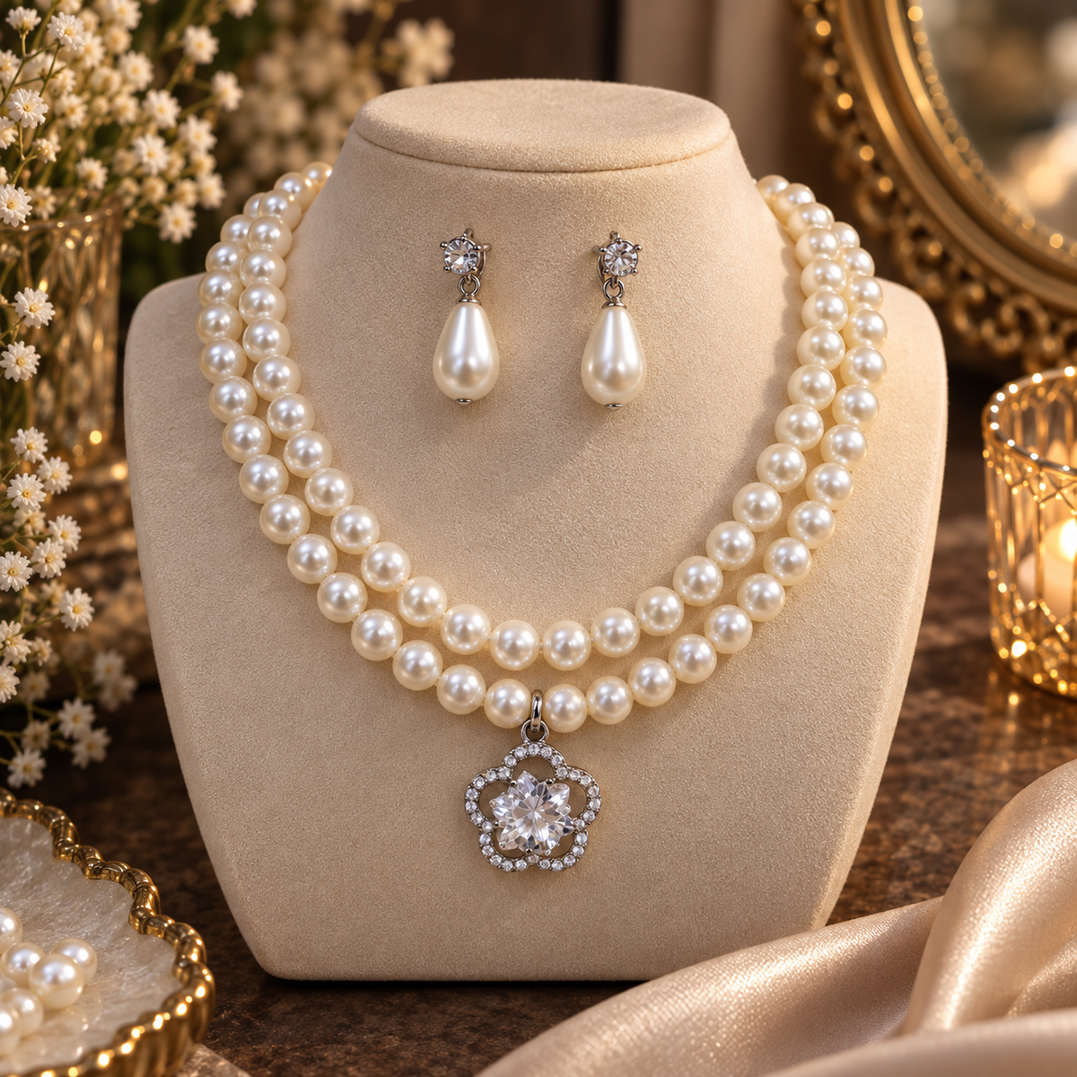 Pearl Double Layer Necklace Set with CZ Flower Pendant & Drop Earrings