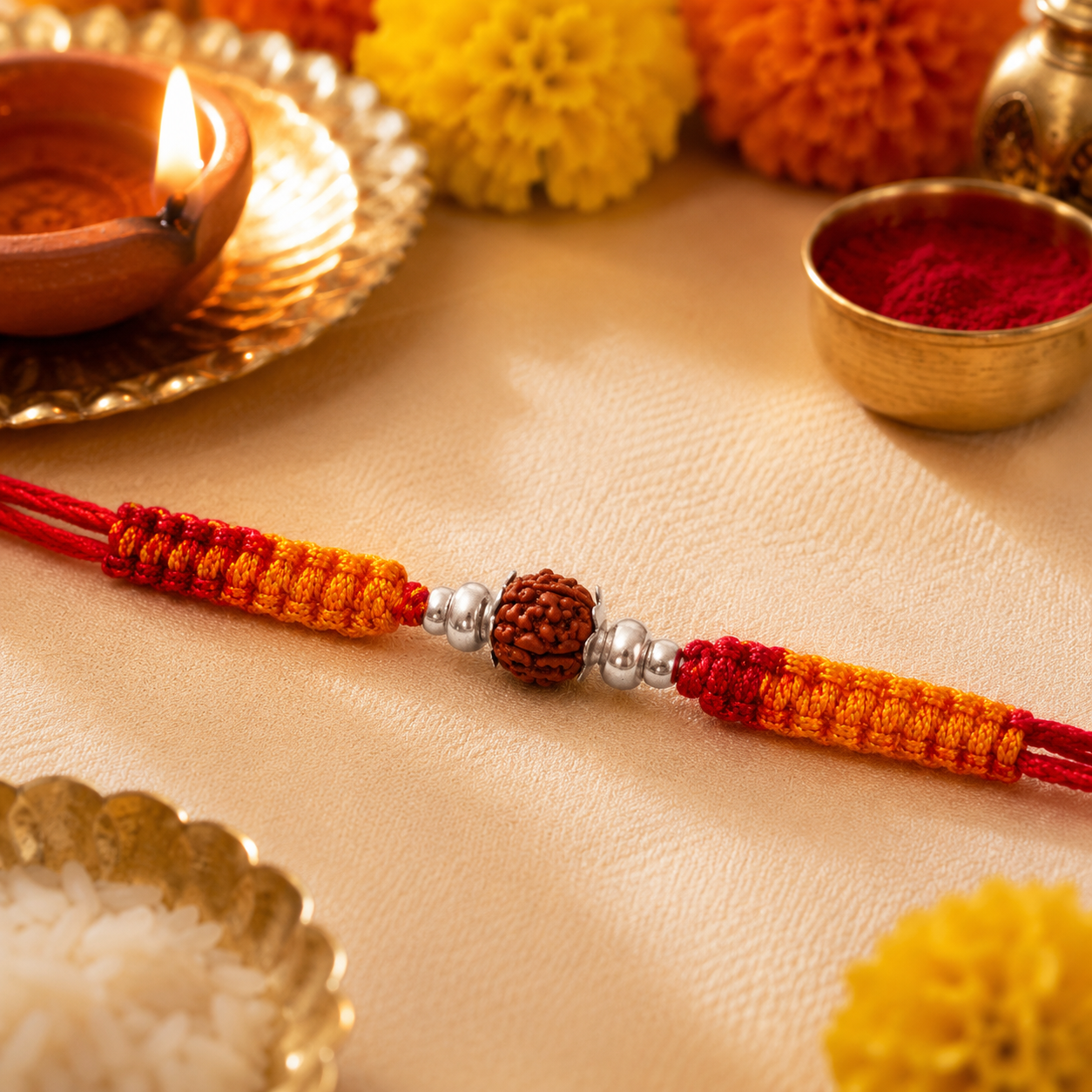 Premium Rudraksha Rakhi with Silver Beads & Handwoven Thread