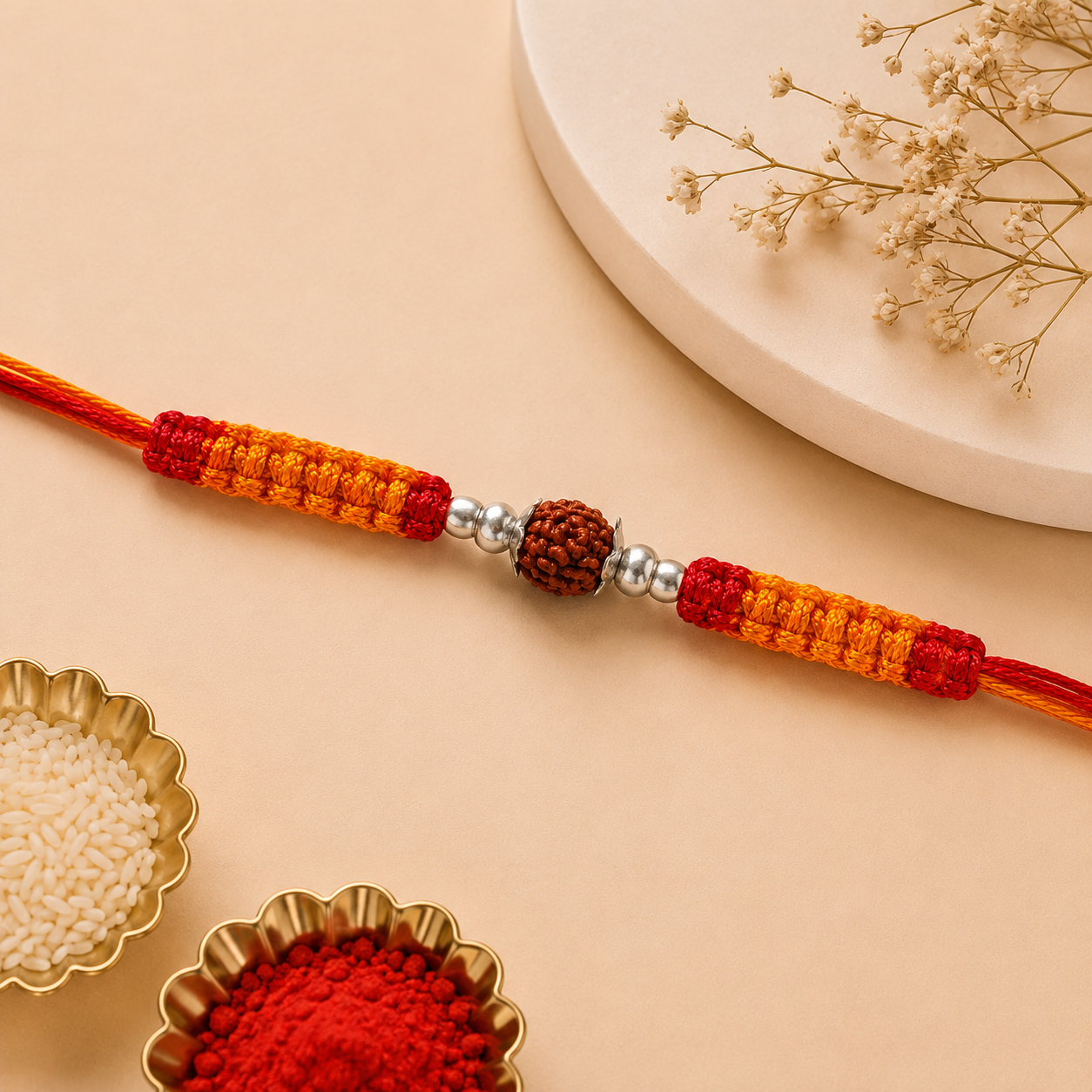 Premium Rudraksha Rakhi with Silver Beads & Handwoven Thread