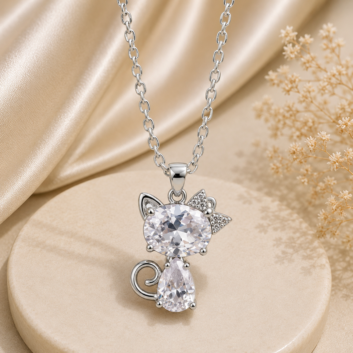 Silver Cat Pendant Necklace for Women
