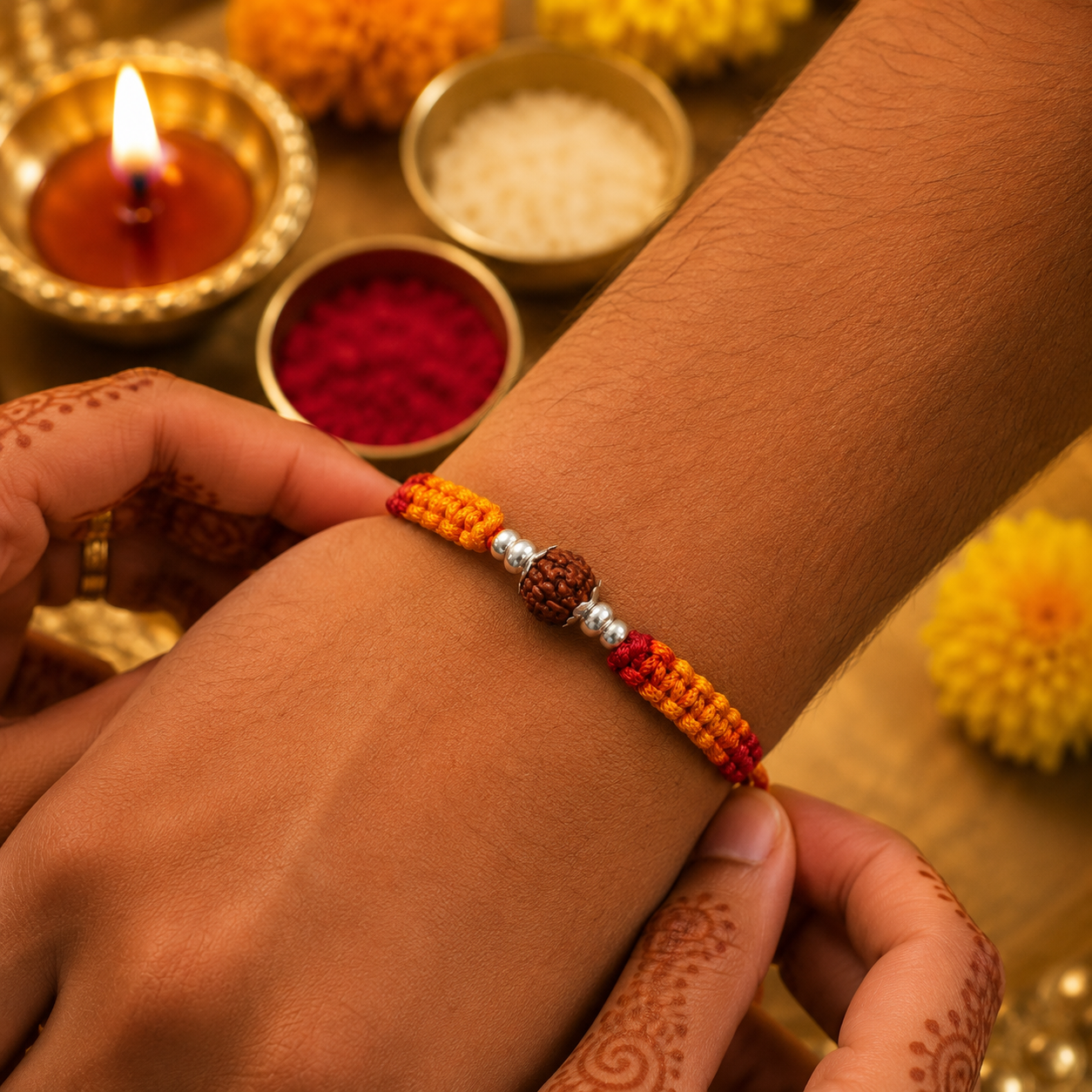 Premium Rudraksha Rakhi with Silver Beads & Handwoven Thread