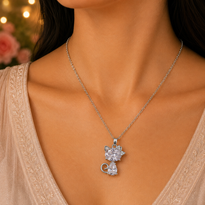 Silver Cat Pendant Necklace for Women