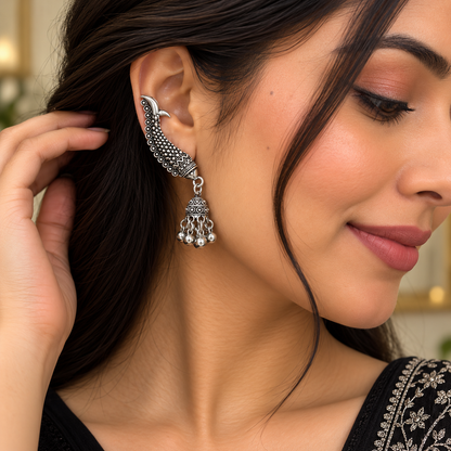 Oxidised Silver Crescent Jhumka Earrings for Women | Traditional Tribal Style Earrings
