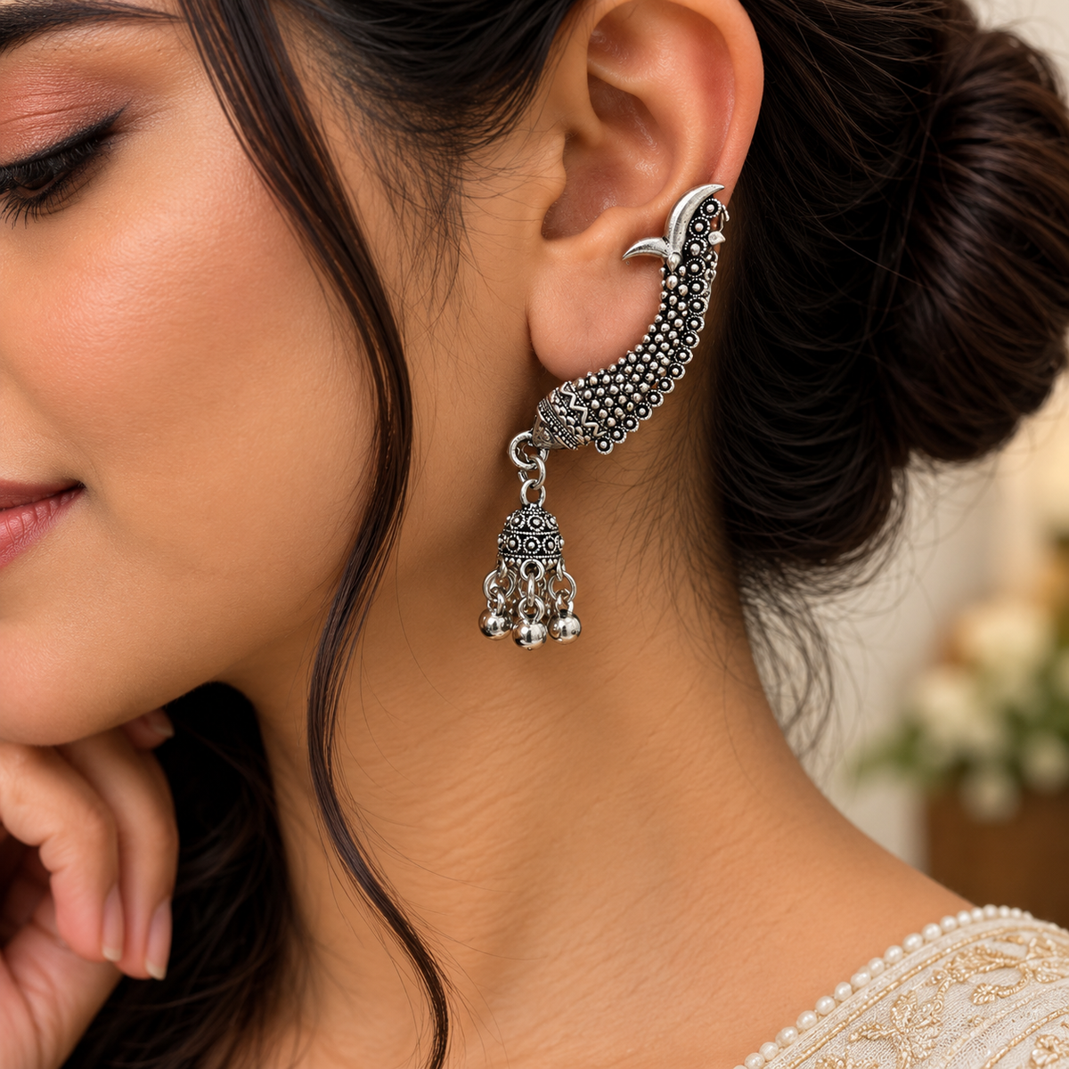 Oxidised Silver Crescent Jhumka Earrings for Women | Traditional Tribal Style Earrings
