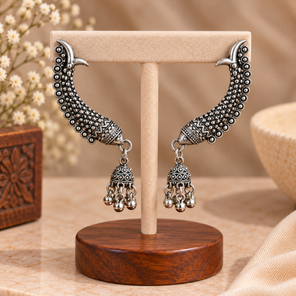 Oxidised Silver Crescent Jhumka Earrings for Women | Traditional Tribal Style Earrings
