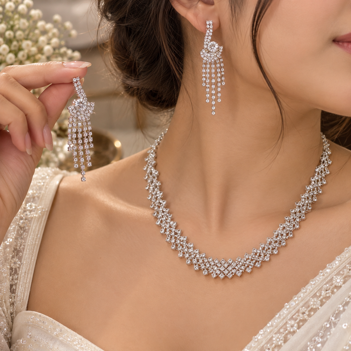 Diamond Look Necklace & Earrings Set – Elegant CZ Jewellery Set