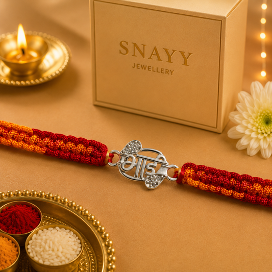 Premium Silver Bhai Rakhi with CZ Stones & Handwoven Red Yellow Thread