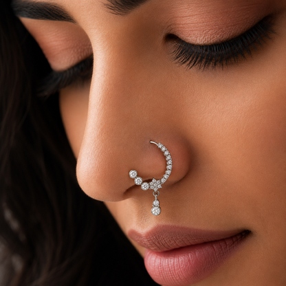 Elegant Silver Crystal Hoop Nose Ring with Drop for Women