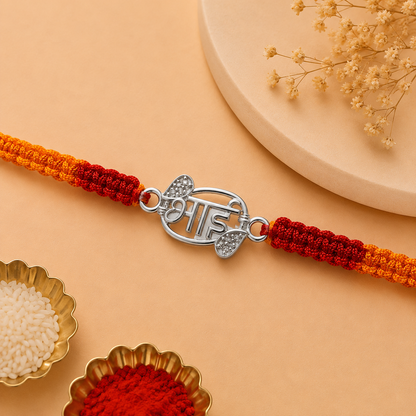 Premium Silver Bhai Rakhi with CZ Stones & Handwoven Red Yellow Thread