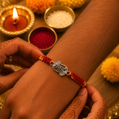 Premium Silver Bhai Rakhi with CZ Stones & Handwoven Red Yellow Thread