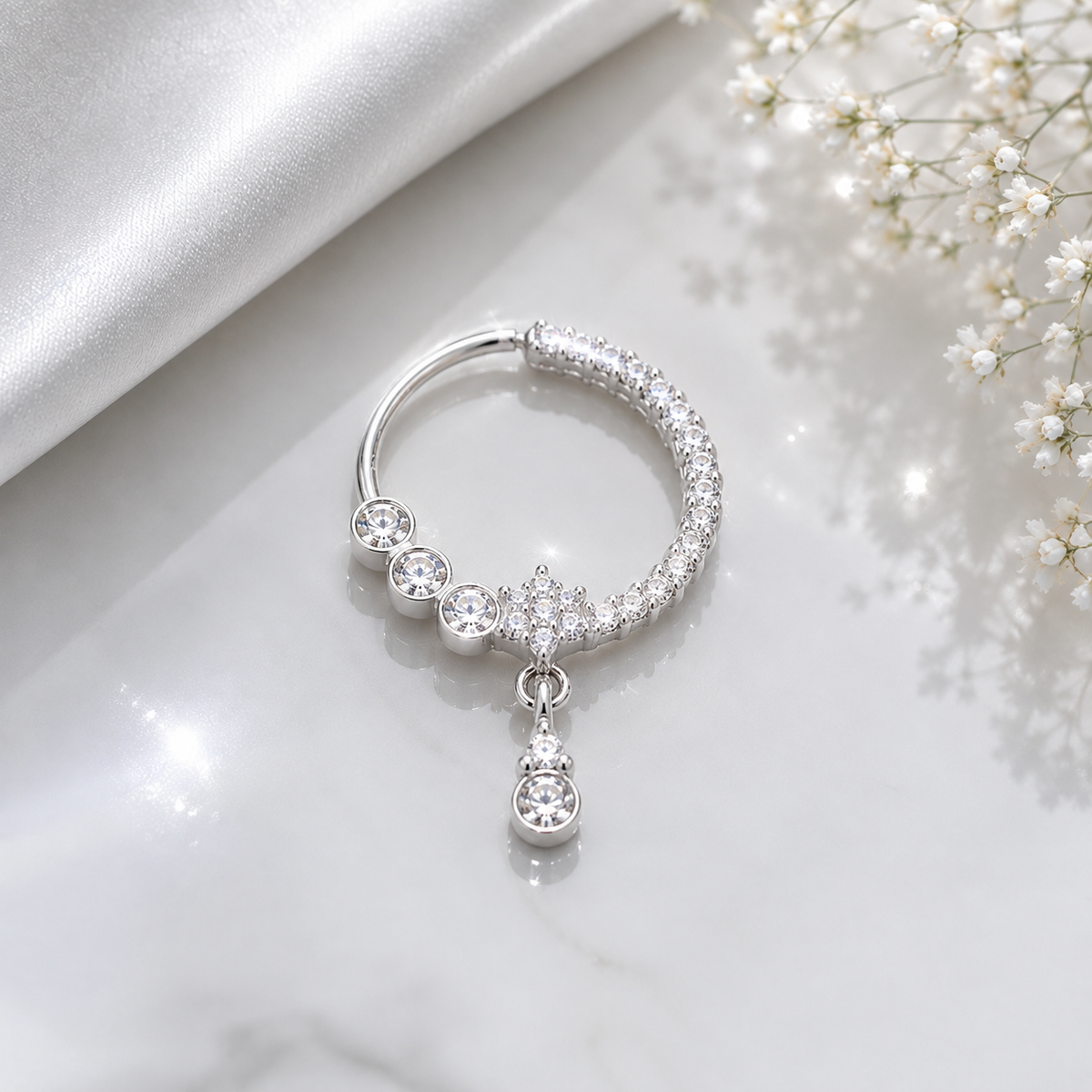 Elegant Silver Crystal Hoop Nose Ring with Drop for Women