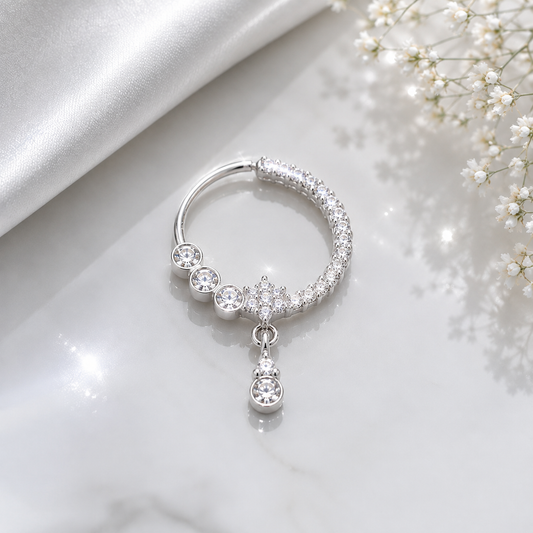 Elegant Silver Crystal Hoop Nose Ring with Drop for Women