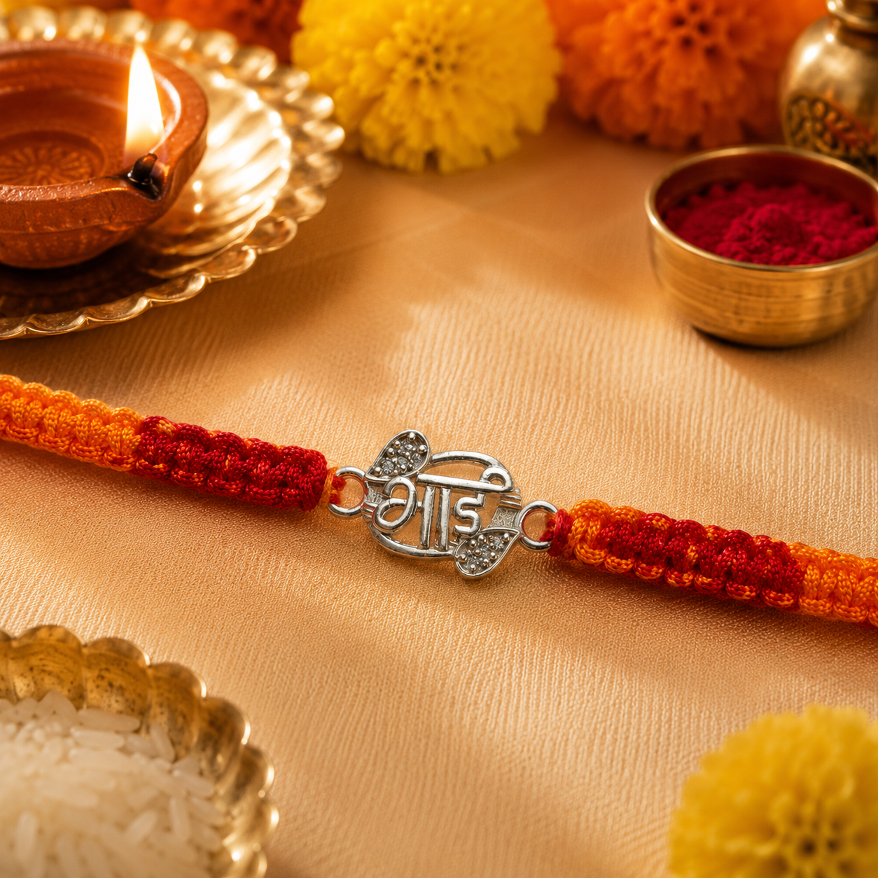 Premium Silver Bhai Rakhi with CZ Stones & Handwoven Red Yellow Thread