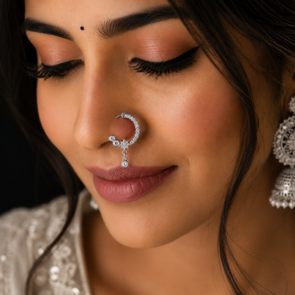 Elegant Silver Crystal Hoop Nose Ring with Drop for Women