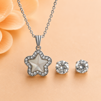 Silver Star Pendant Necklace and Earrings Set for Women