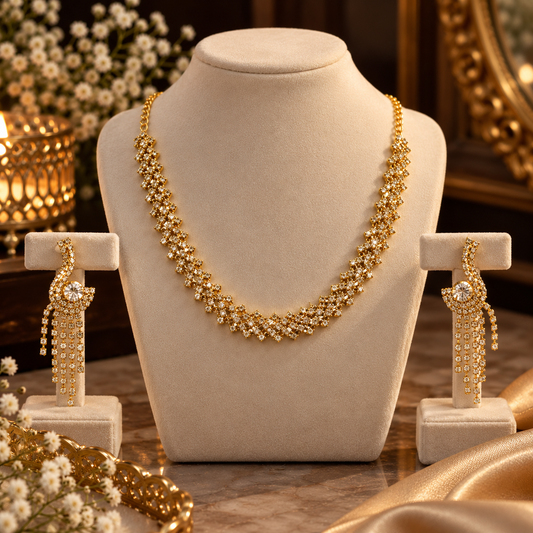 Golden CZ Stone Necklace & Earrings Set – Elegant Party Wear Jewellery