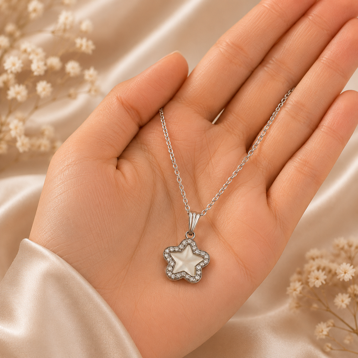 Silver Star Pendant Necklace and Earrings Set for Women
