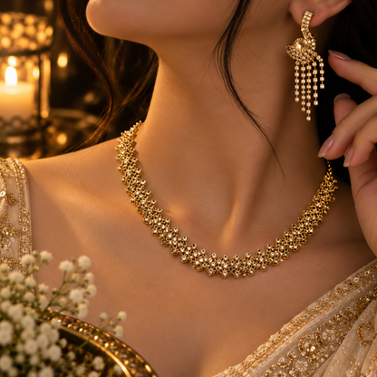 Golden CZ Stone Necklace & Earrings Set – Elegant Party Wear Jewellery
