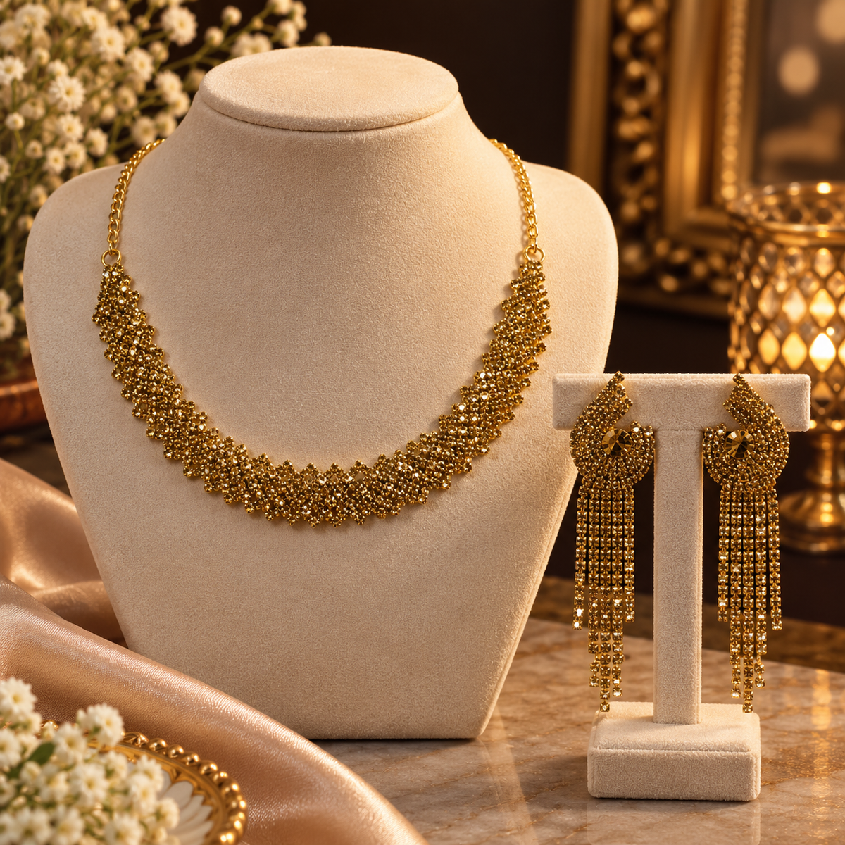 Golden CZ Necklace & Long Drop Earrings Set – Elegant Jewellery Set for Women