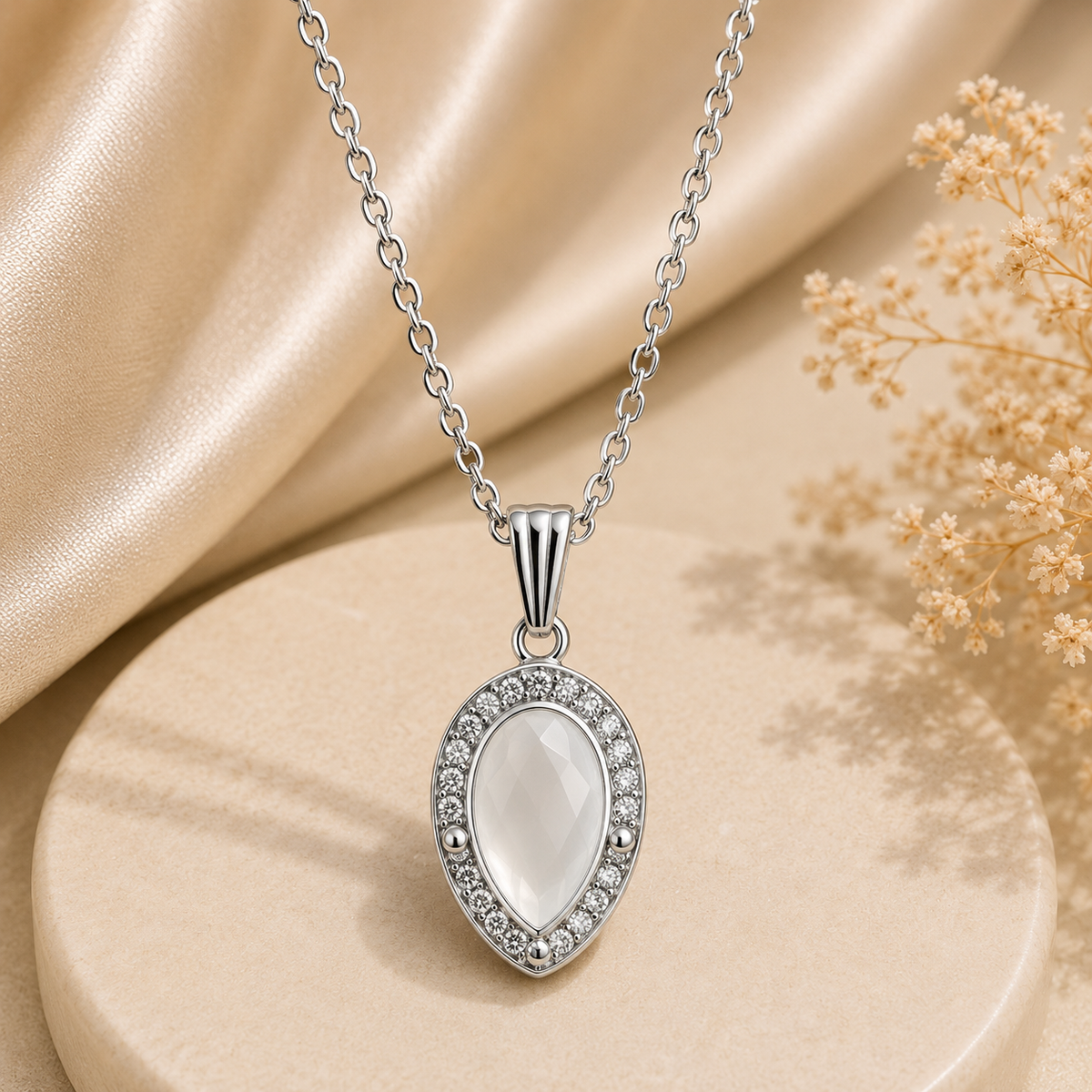 Silver Oval Pendant Necklace and Earrings Set for Women