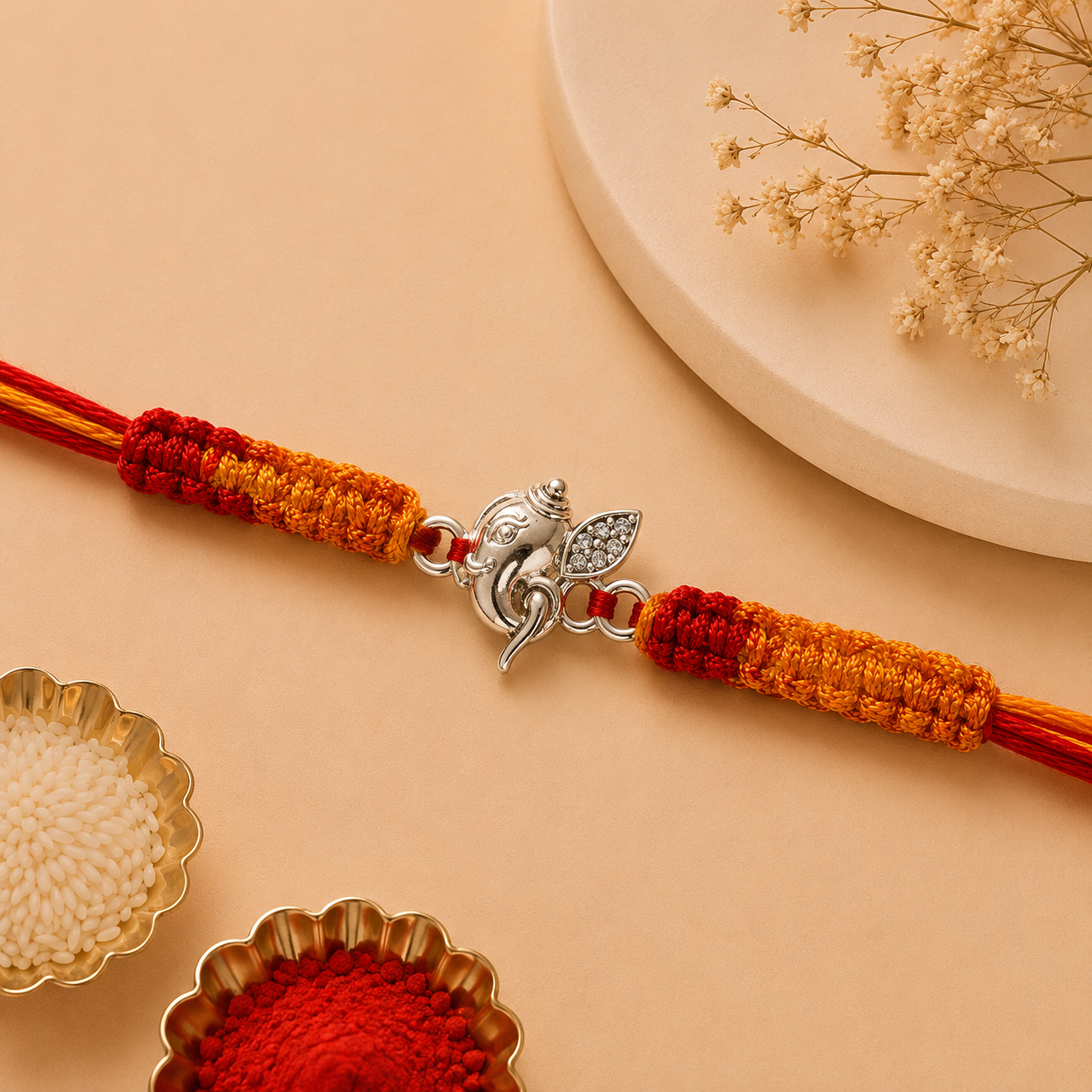 Premium Silver Ganesh Rakhi with CZ Stone & Handwoven Red Yellow Thread
