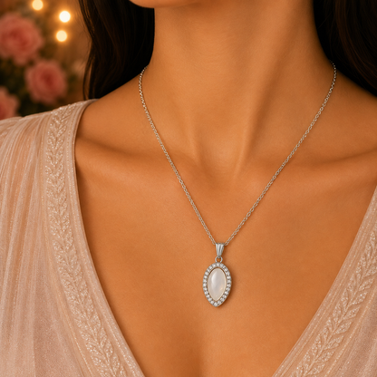 Silver Oval Pendant Necklace and Earrings Set for Women