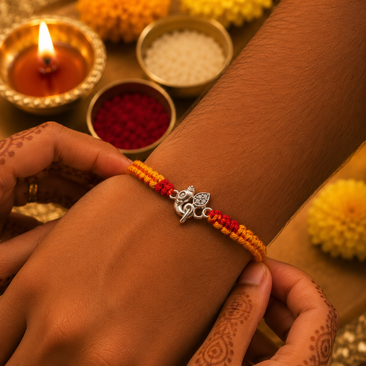 Premium Silver Ganesh Rakhi with CZ Stone & Handwoven Red Yellow Thread