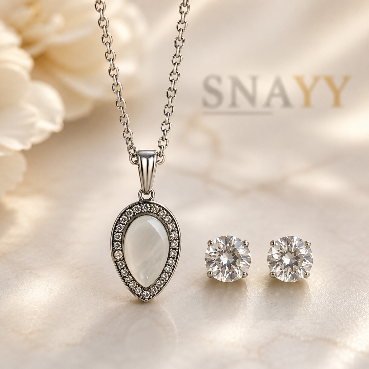Silver Oval Pendant Necklace and Earrings Set for Women