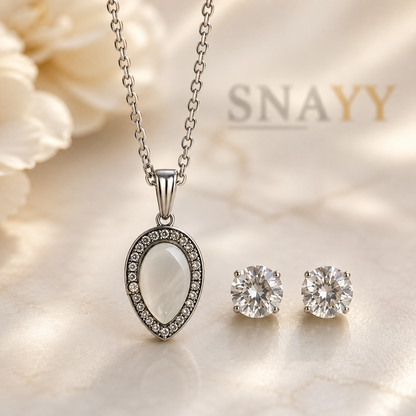 Silver Oval Pendant Necklace and Earrings Set for Women