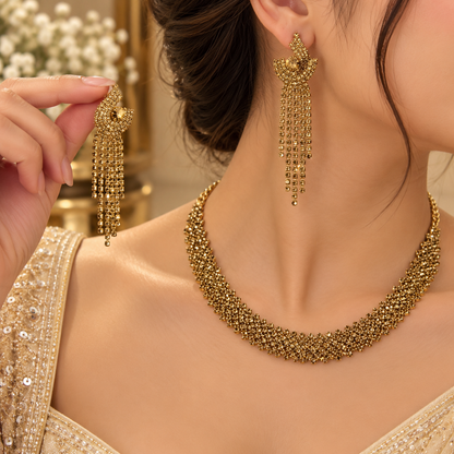 Golden CZ Necklace & Long Drop Earrings Set – Elegant Jewellery Set for Women