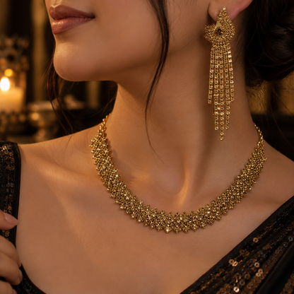 Golden CZ Necklace & Long Drop Earrings Set – Elegant Jewellery Set for Women