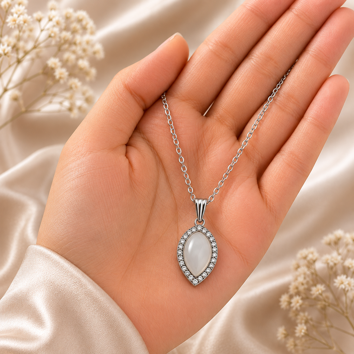 Silver Oval Pendant Necklace and Earrings Set for Women