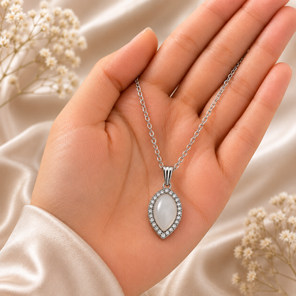 Silver Oval Pendant Necklace and Earrings Set for Women