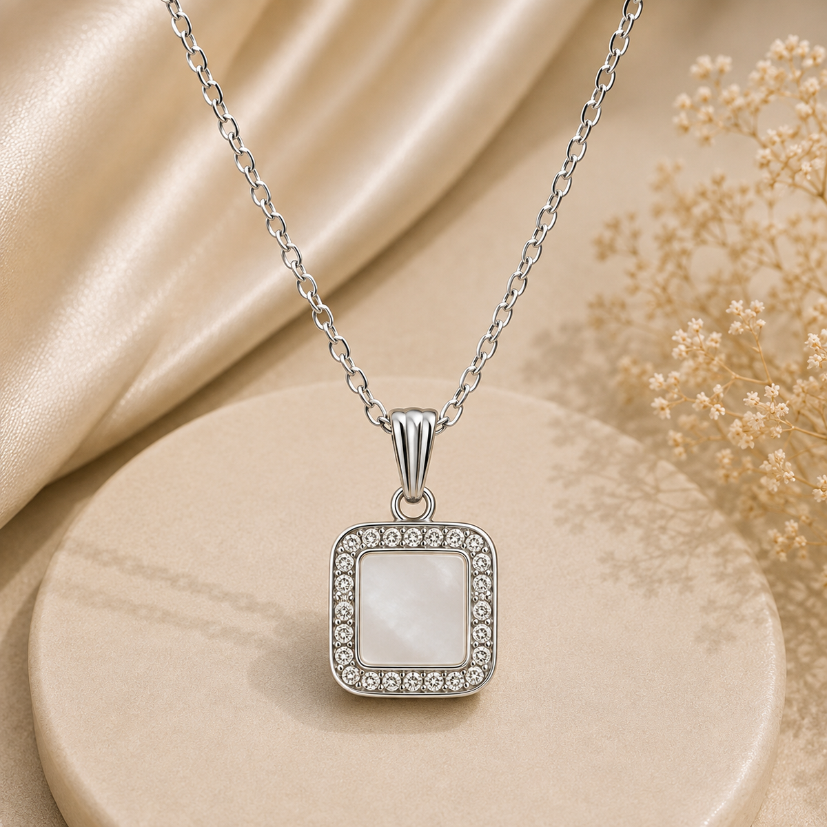 Silver Square Pendant Necklace and Earrings Set for Women