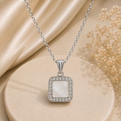 Silver Square Pendant Necklace and Earrings Set for Women