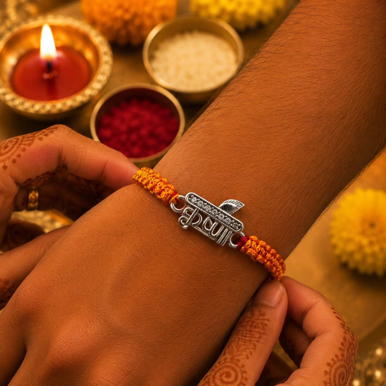 Premium Silver Krishna Rakhi with CZ Stones