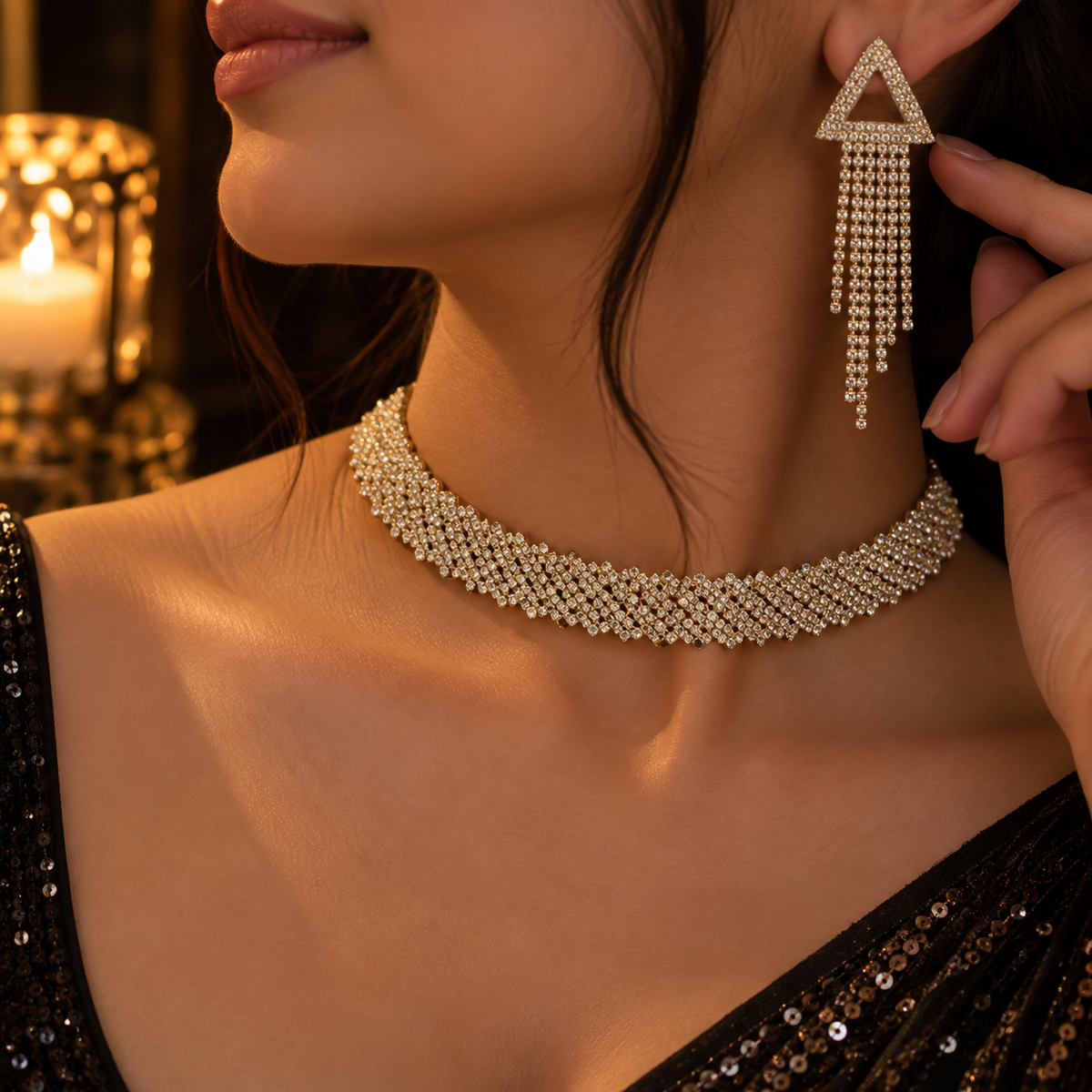 Silver CZ Necklace & Long Drop Earrings Set for Women | Party & Wedding Jewellery