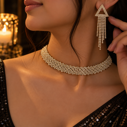 Silver CZ Necklace & Long Drop Earrings Set for Women | Party & Wedding Jewellery