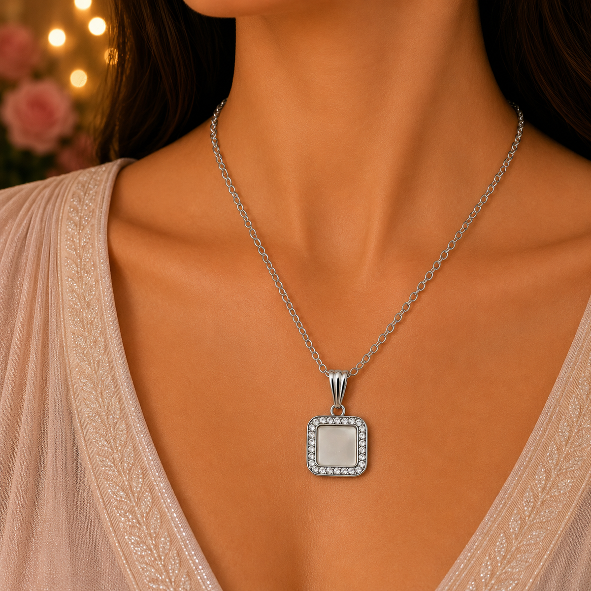 Silver Square Pendant Necklace and Earrings Set for Women